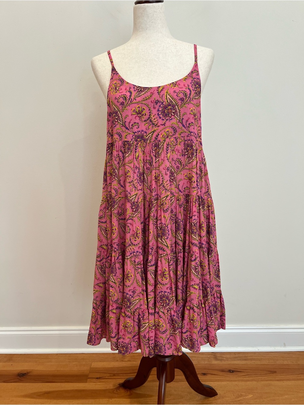 Souleiado Penelope Dress Small Pink Floral Paisley Tiered Ruffle Swing Boho